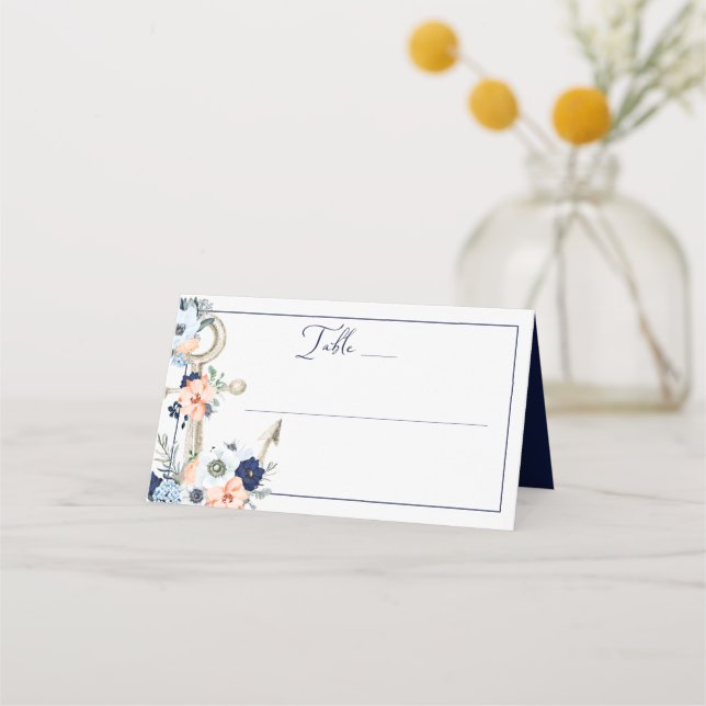 Wedding Nautical Anchor Navy Blue Peach Floral Place Card (Front)