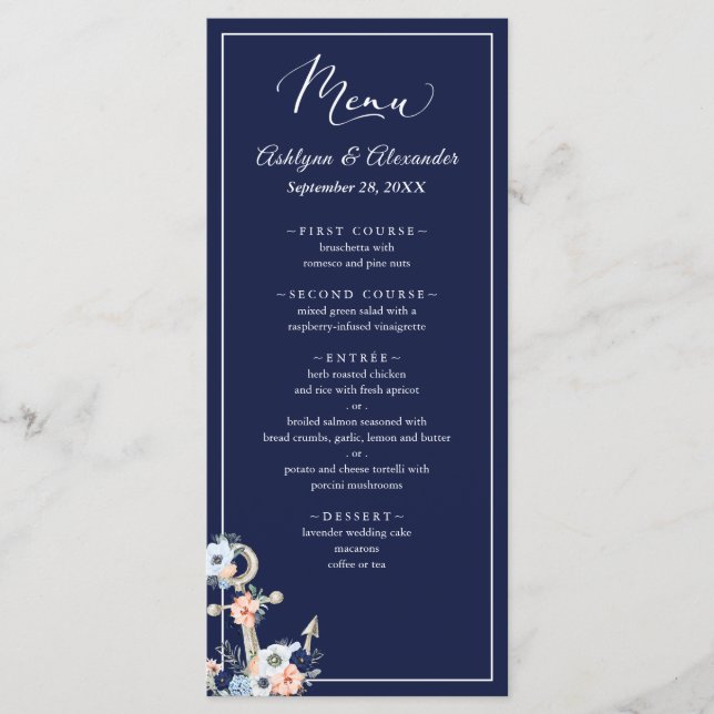 Wedding Nautical Anchor Navy Blue Peach Menu (Front)