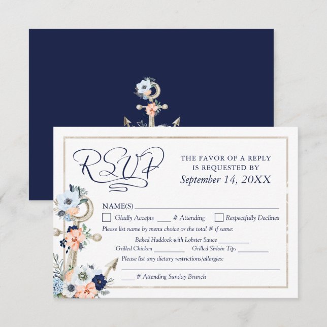 Wedding Nautical Anchor Navy Blue Peach RSVP (Front/Back)