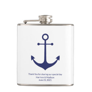 Wedding nautical anchor navy blue white favours hip flask