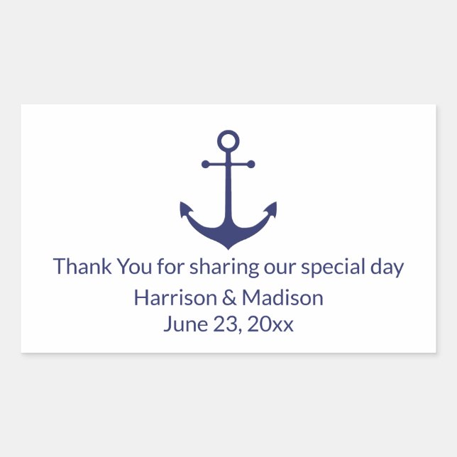 Wedding nautical anchor navy blue white favours rectangular sticker (Front)