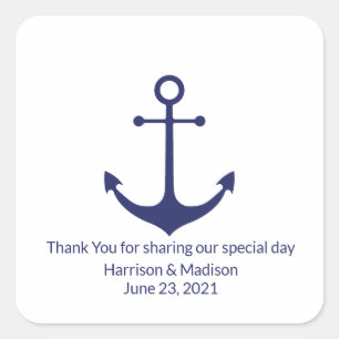 Wedding nautical anchor navy blue white favours square sticker