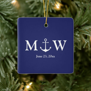 Wedding nautical anchor navy blue & white monogram ceramic ornament