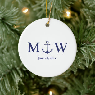 Wedding nautical anchor navy blue white monogram ceramic tree decoration