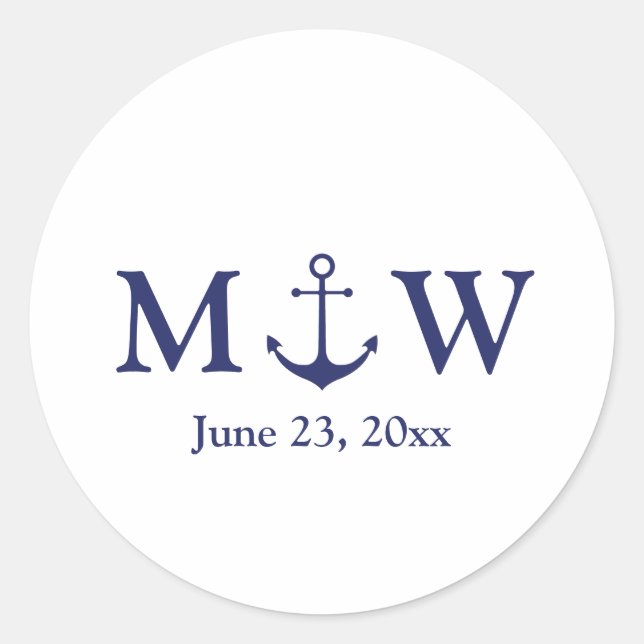 Wedding nautical anchor navy blue white monogram classic round sticker (Front)