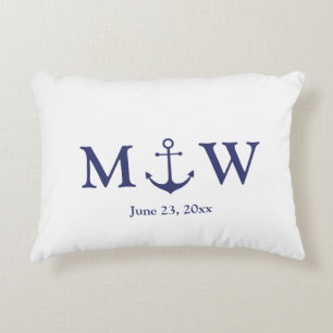 Wedding nautical anchor navy blue white monogram decorative cushion