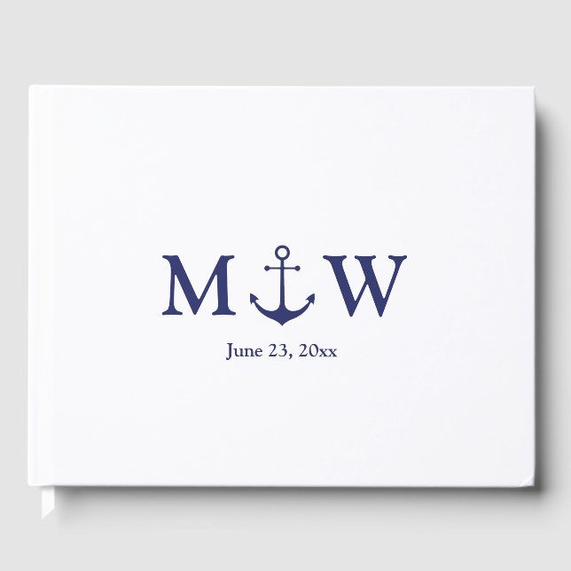 Wedding nautical anchor navy blue white monogram guest book (Front)