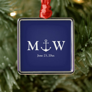 Wedding nautical anchor navy blue & white monogram metal tree decoration