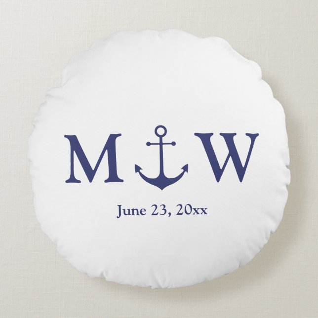 Wedding nautical anchor navy blue white monogram round cushion (Front)
