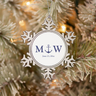 Wedding nautical anchor navy blue white monogram snowflake pewter christmas ornament