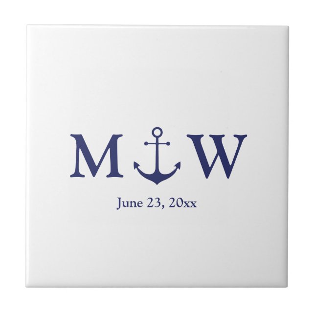 Wedding nautical anchor navy blue white monogram tile (Front)