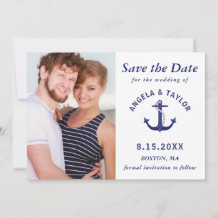 Wedding Nautical Anchor Photo Navy Blue Striped Save The Date