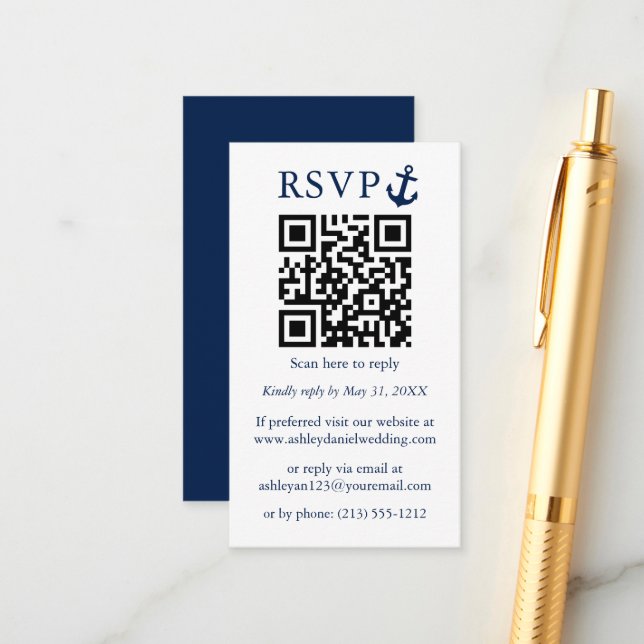 Wedding Nautical Blue Anchor QR RSVP Enclosure Card (Front/Back In Situ)