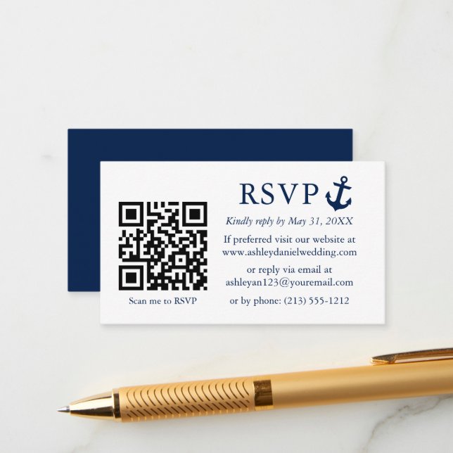 Wedding Nautical Blue Anchor RSVP QR Enclosure Card (Front/Back In Situ)