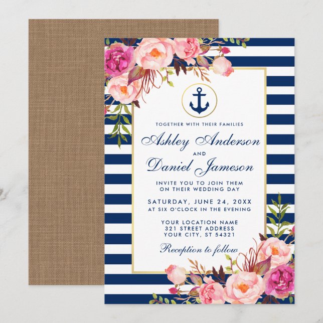 Wedding Nautical Blue Stripes Floral Pink Invite B (Front/Back)