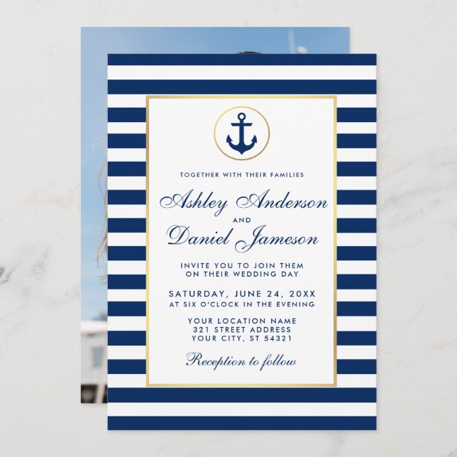 Wedding Nautical Blue Stripes Invite B Photo Back (Front/Back)