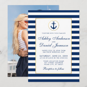 Wedding Nautical Blue Stripes Invite B Photo Back
