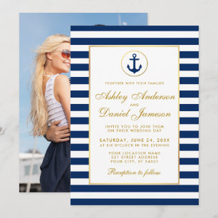 Wedding Nautical Blue Stripes Invite G Photo Back