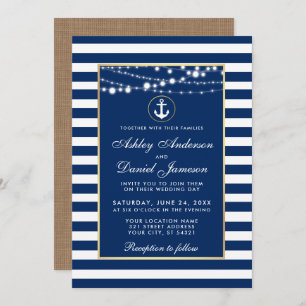 Wedding Nautical Blue Stripes Lights Invite B