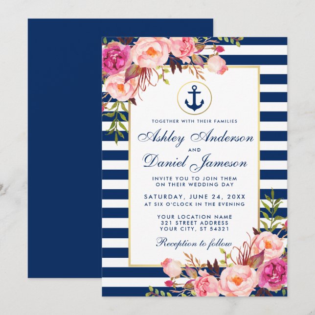 Wedding Nautical Blue Stripes Pink Floral Invite B (Front/Back)