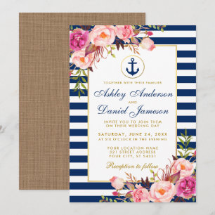 Wedding Nautical Blue Stripes Pink Floral Invite B