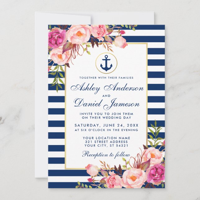 Wedding Nautical Blue Stripes Pink Floral Invite W (Front)