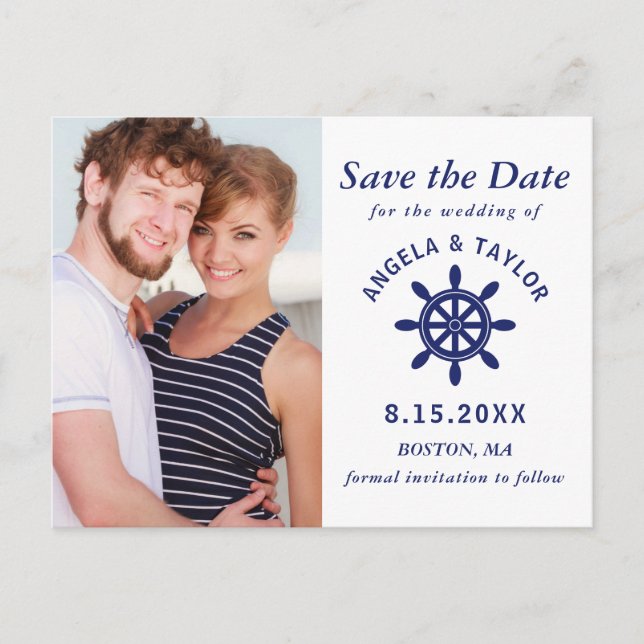Wedding Nautical Captain's Wheel Photo Navy Blue Announcement Postcard (Front)