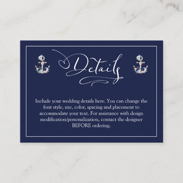 Wedding Nautical Floral Anchor Navy Blue DETAILS Enclosure Card (Front)