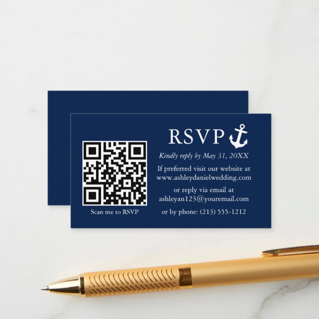 Wedding Nautical Navy Blue Anchor RSVP QR Enclosure Card (Front/Back In Situ)