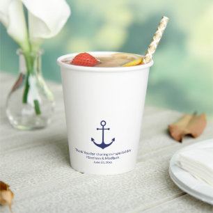 Wedding nautical navy blue white anchor monogram paper cups
