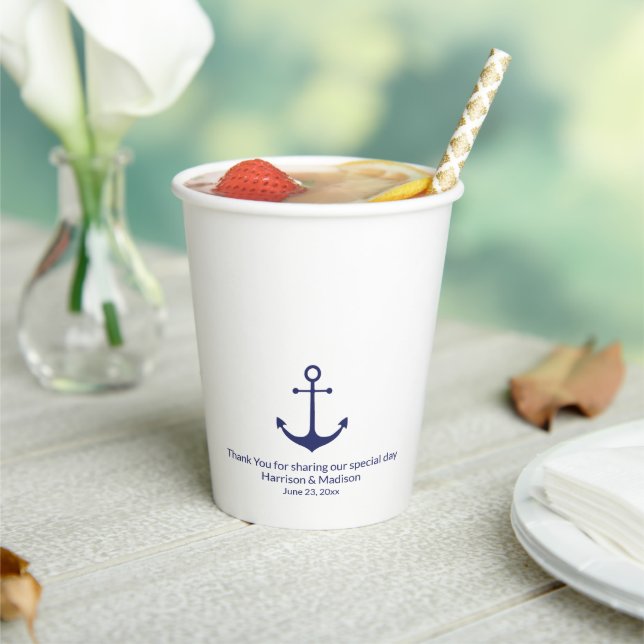 Wedding nautical navy blue white anchor monogram paper cups (Insitu)