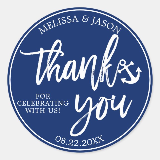 Wedding Nautical Navy Blue White Thank You Classic Round Sticker (Front)