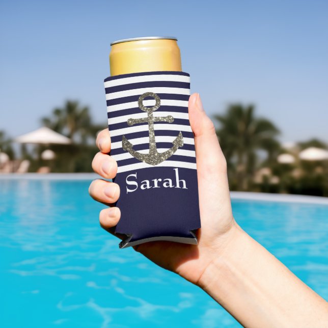 Wedding Nautical Sailing Anchor Name Sparkle Seltzer Can Cooler (In Situ Pool)