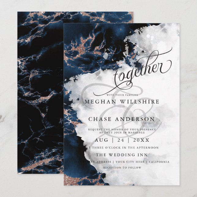 WEDDING | Navy Blue 2 Rose Gold Geode Watercolor  (Front/Back)