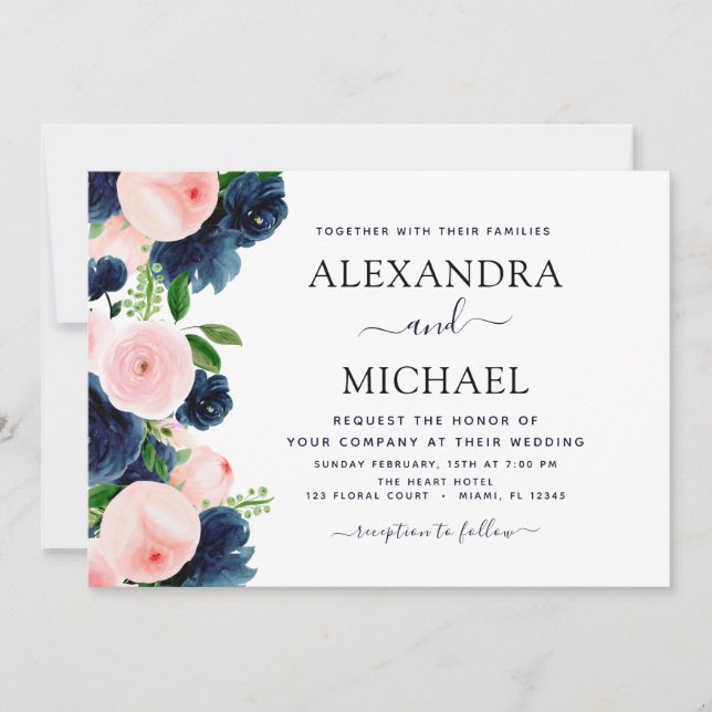 Wedding Navy Blue Blush Pink Elegant Floral Invitation (Front)