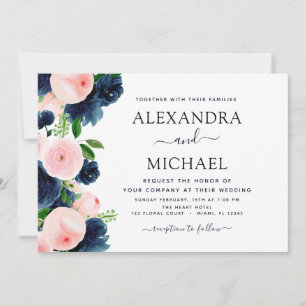 Wedding Navy Blue Blush Pink Elegant Floral Invitation