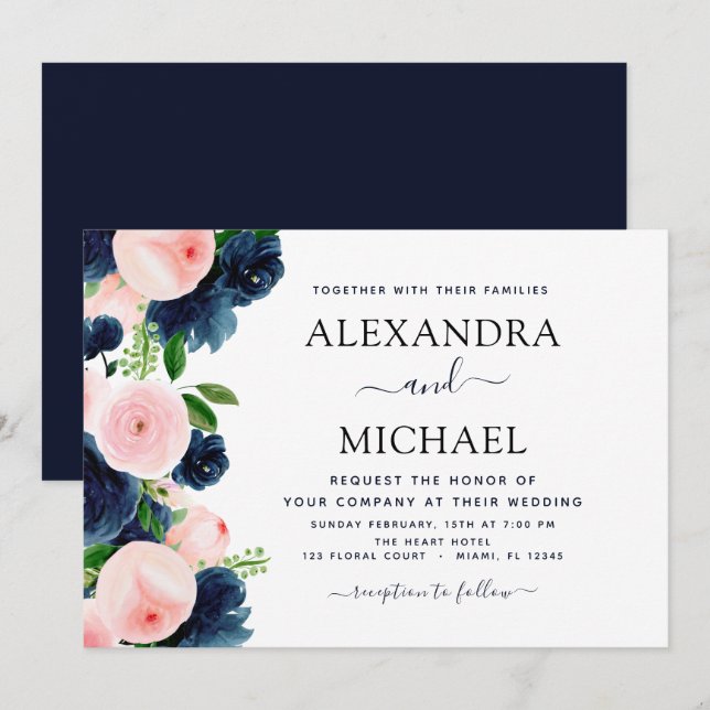 Wedding Navy Blue Blush Pink Elegant Floral Invitation (Front/Back)