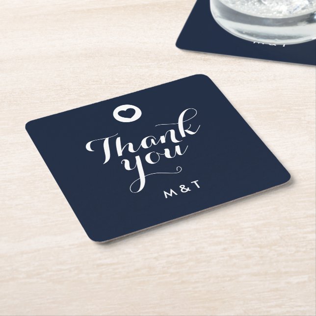 Wedding Navy Blue Elegant Modern Guest Thank You Square Paper Coaster (Angled)