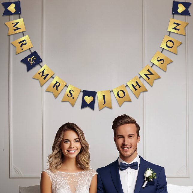 Wedding Navy Blue Faux Gold Hearts Mr. & Mrs. Name Bunting (Creator Uploaded)