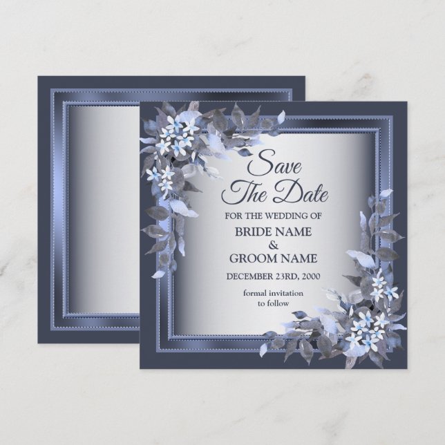 Wedding Navy Blue Floral Frame Silver Elegant Save The Date (Front/Back)