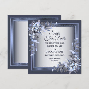 Wedding Navy Blue Floral Frame Silver Elegant Save The Date