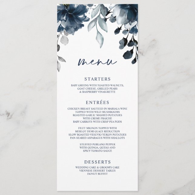 Wedding Navy Blue Floral Greenery Silver Menu (Front)