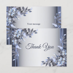 Wedding Navy Blue Floral Silver Elegant Thank You Card