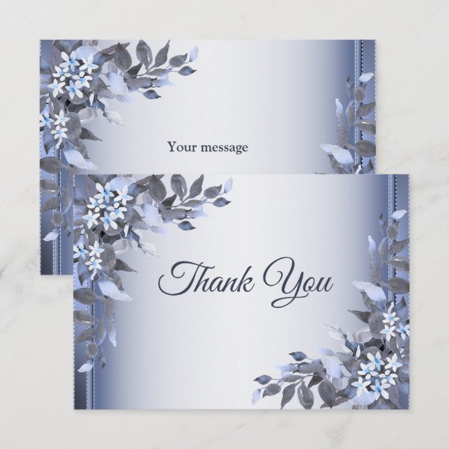 Wedding Navy Blue Floral Silver Elegant Thank You Card (Front/Back)