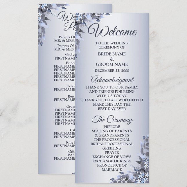Wedding Navy Blue Floral Silver Elegant Welcome Programme (Front/Back)