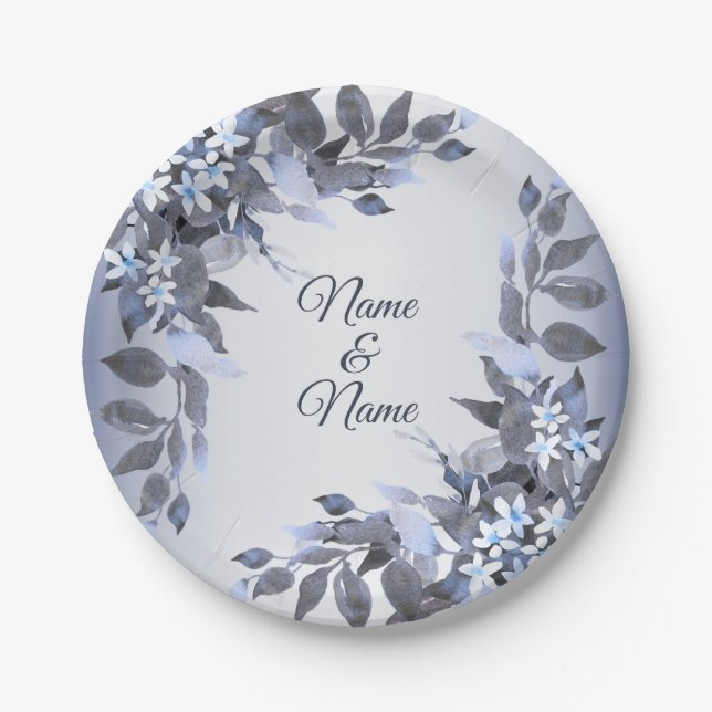 Wedding Navy Blue Floral Silver Grey Party Elegant Paper Plate (Front)