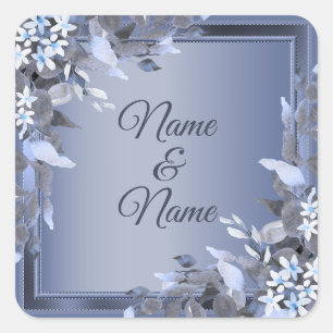 Wedding Navy Blue Floral Silver Grey Party Square Sticker