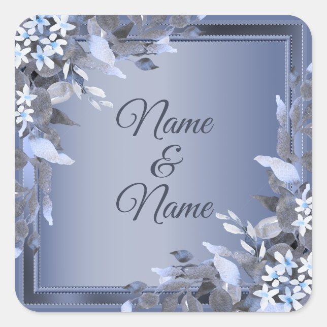 Wedding Navy Blue Floral Silver Grey Party Square Sticker (Front)