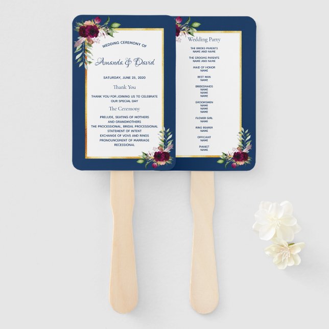 Wedding navy blue florals burgundy hand fan (Front and Back)