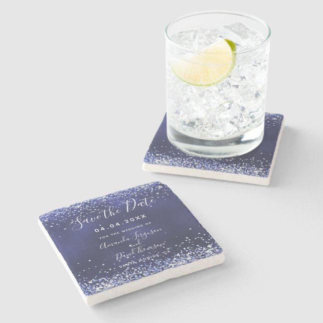 Wedding navy blue glitter Save the Date Stone Coaster (Side)